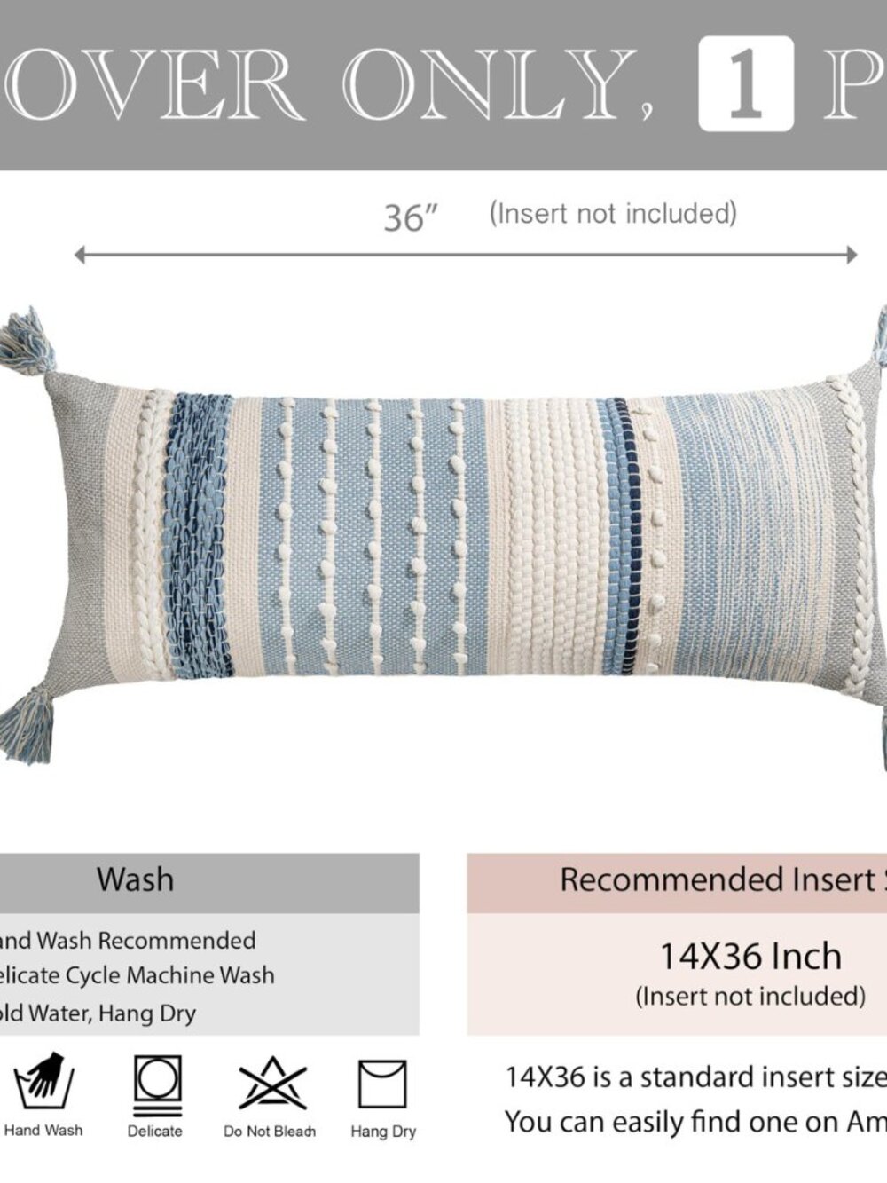 Coastal Blue Decorative Lumbar Pillow Cover 14x36 Boho Long Body Pillow for Bed - Picture 5 of 8